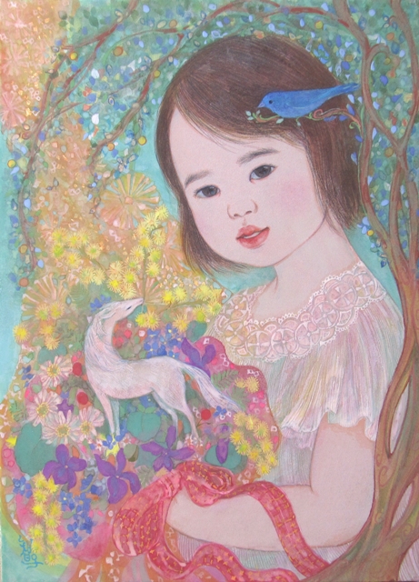 少女の肖像画 家族を象徴するように描かれたお花と白い馬、木。可愛らしい雰囲気の日本画