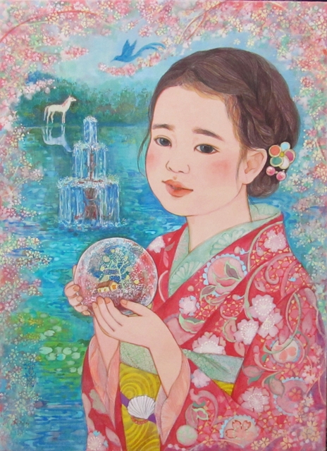 少女の肖像画 スノードーム、噴水、白い馬と共に。可愛らしい雰囲気の日本画