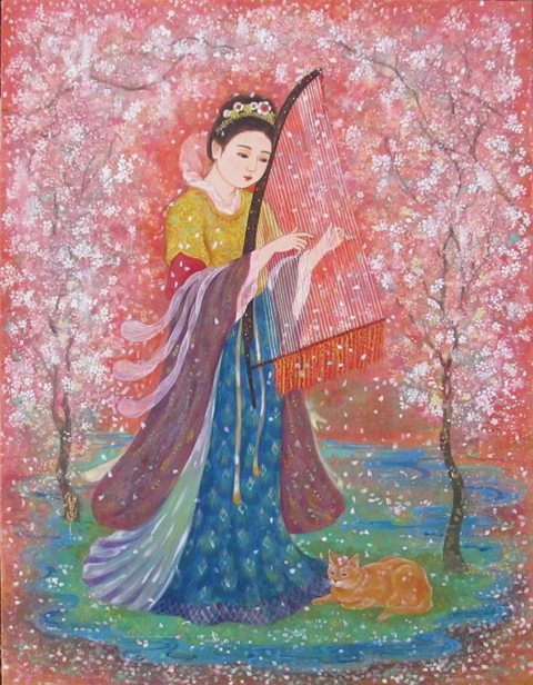 箜篌を奏でる万葉時代の女性。桜が舞い散るふもとには猫。暖かな雰囲気の日本画