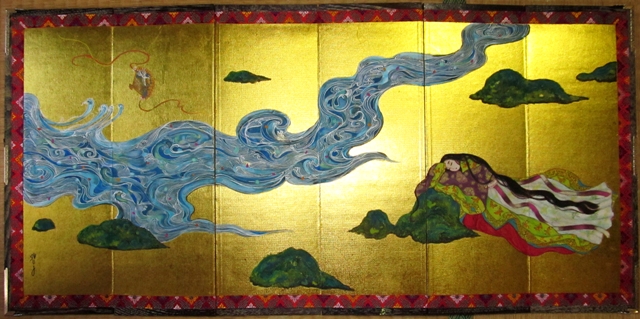 うたかた屛風　アンティークの小さな金屏風に描かれた平安美人