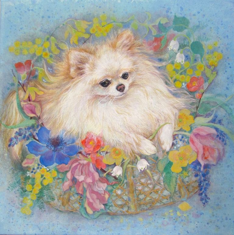 花籠に入った白いポメラニアンの肖像　さわやかな日本画