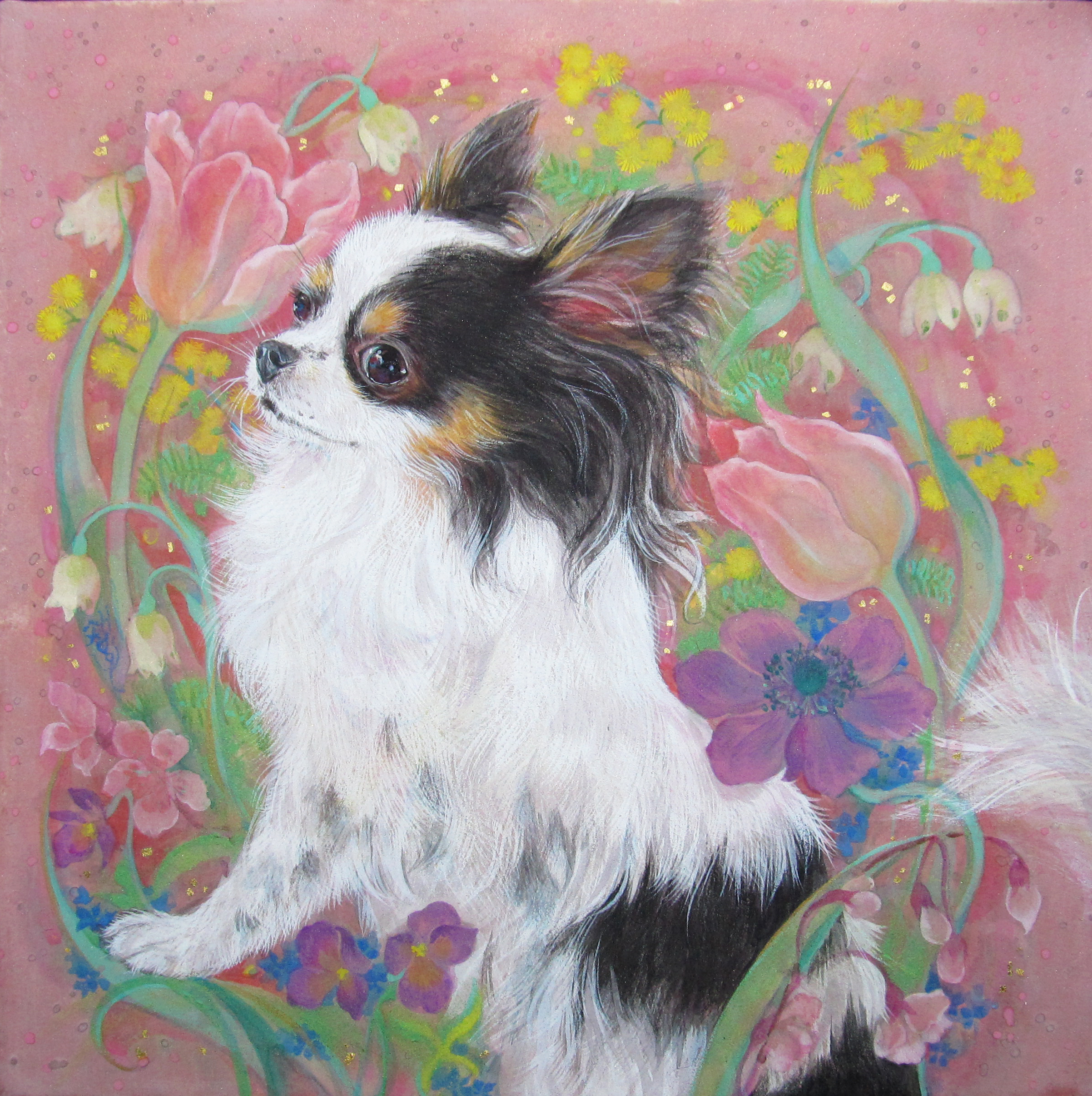 チューリップに囲まれたチワワ犬が描かれた可愛い日本画