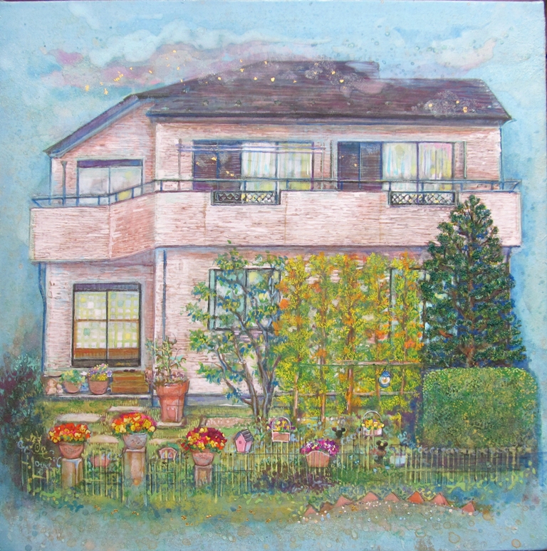 思い出の家とシンボルツリーが描かれた日本画