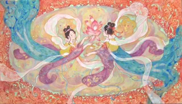 天つ風　二人の天女が絵描かれた可愛らしい日本画