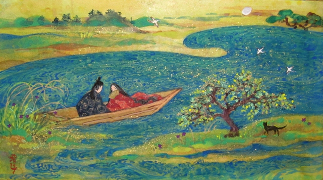 浮き舟　源氏物語絵巻をほうふつとさせる小さな人物が描かれた小さな日本画