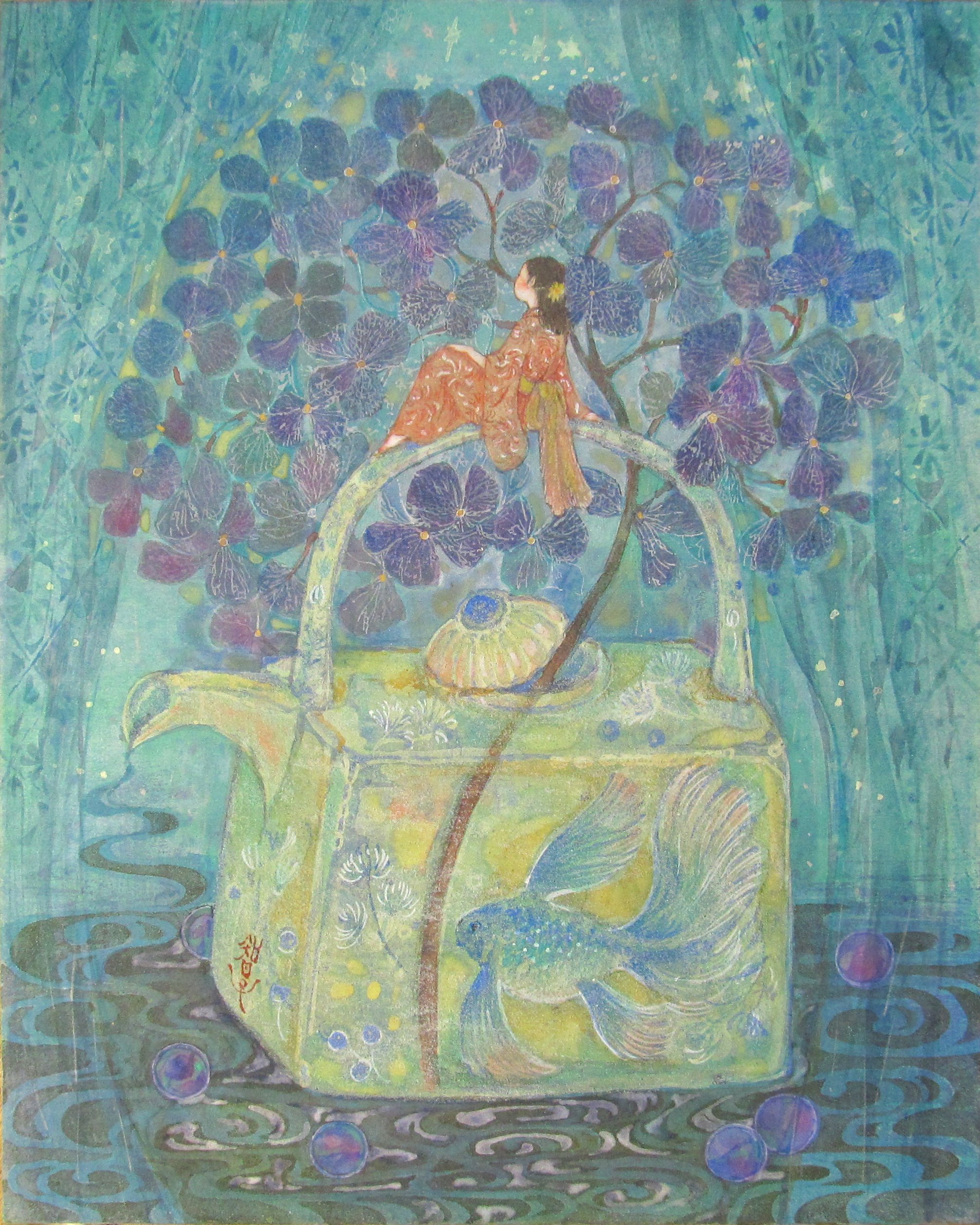 紫陽花と妖精が描かれた日本画