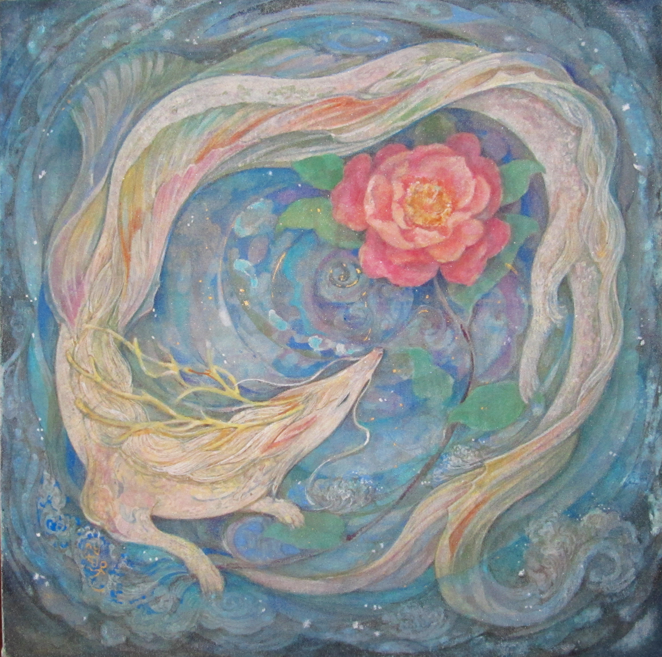 小さな龍の花　小さな龍と可憐な花を描いた日本画　繊細な筆致と色調