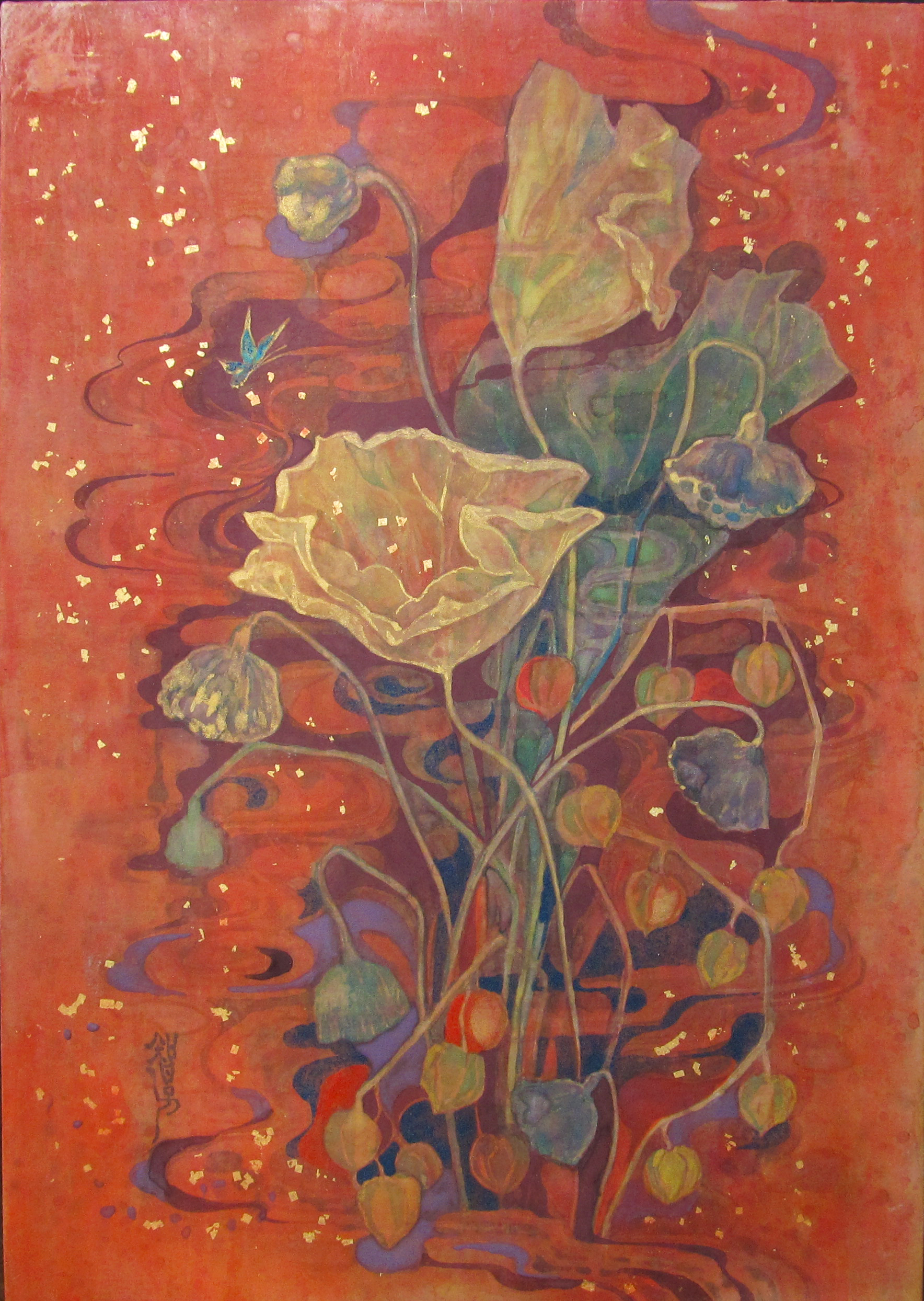 蓮葉の夢　枯れた蓮の葉が描かれた幻想的な日本画　金と橙色の調和