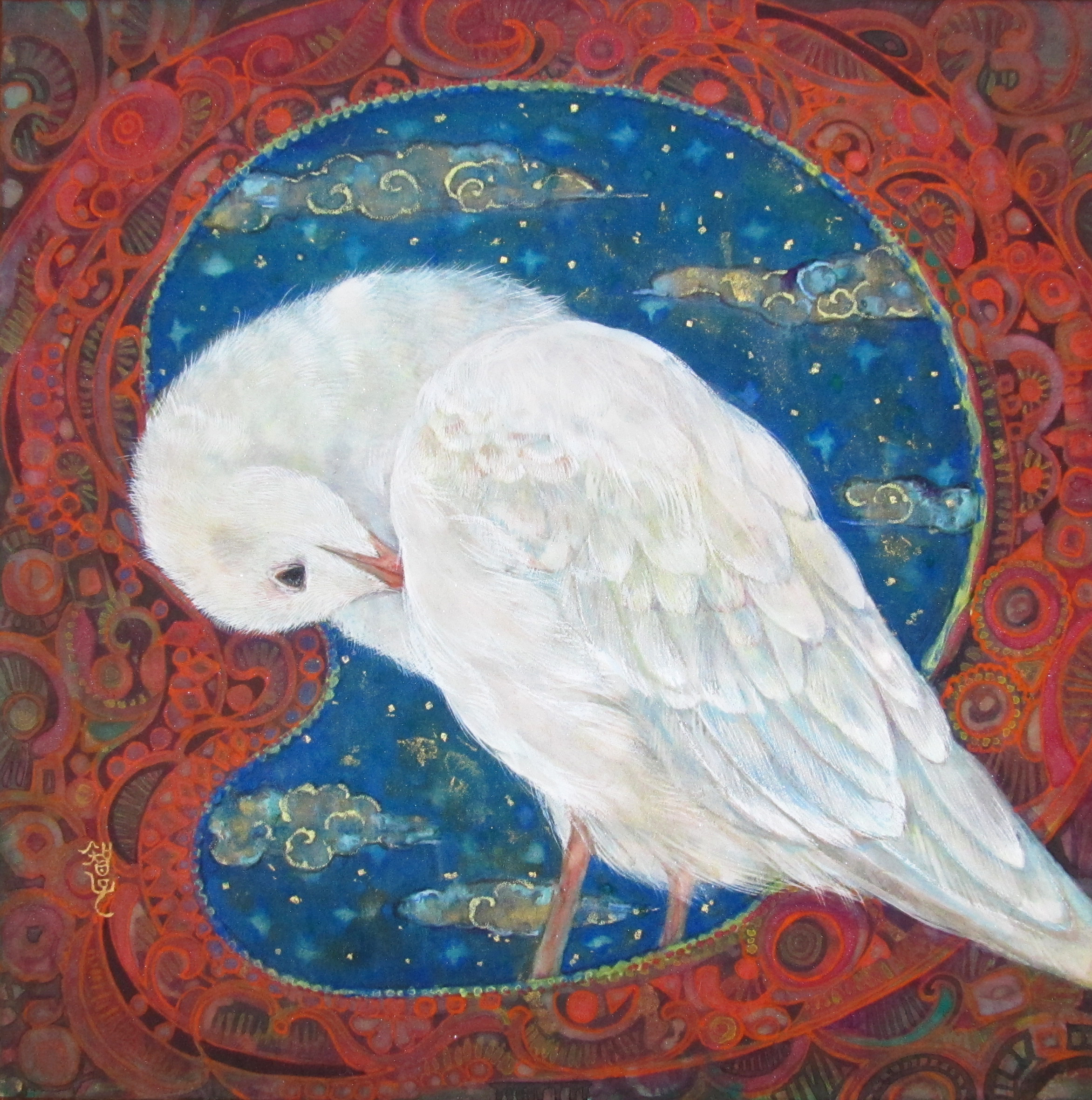 夜間飛行　勾玉のような画面にいるゆりかもめを描いた日本画