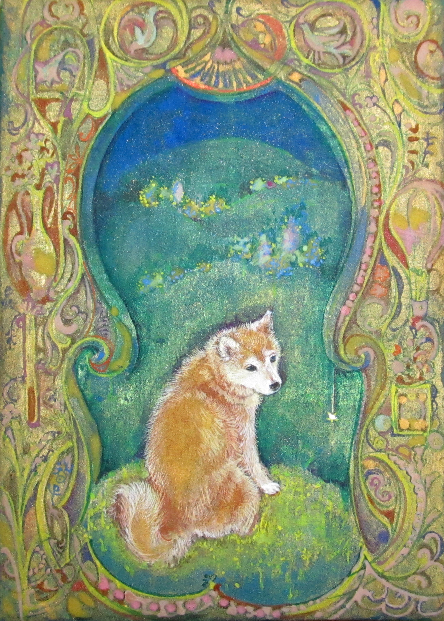 星の子　柴犬を絵本のような雰囲気で描いた日本画