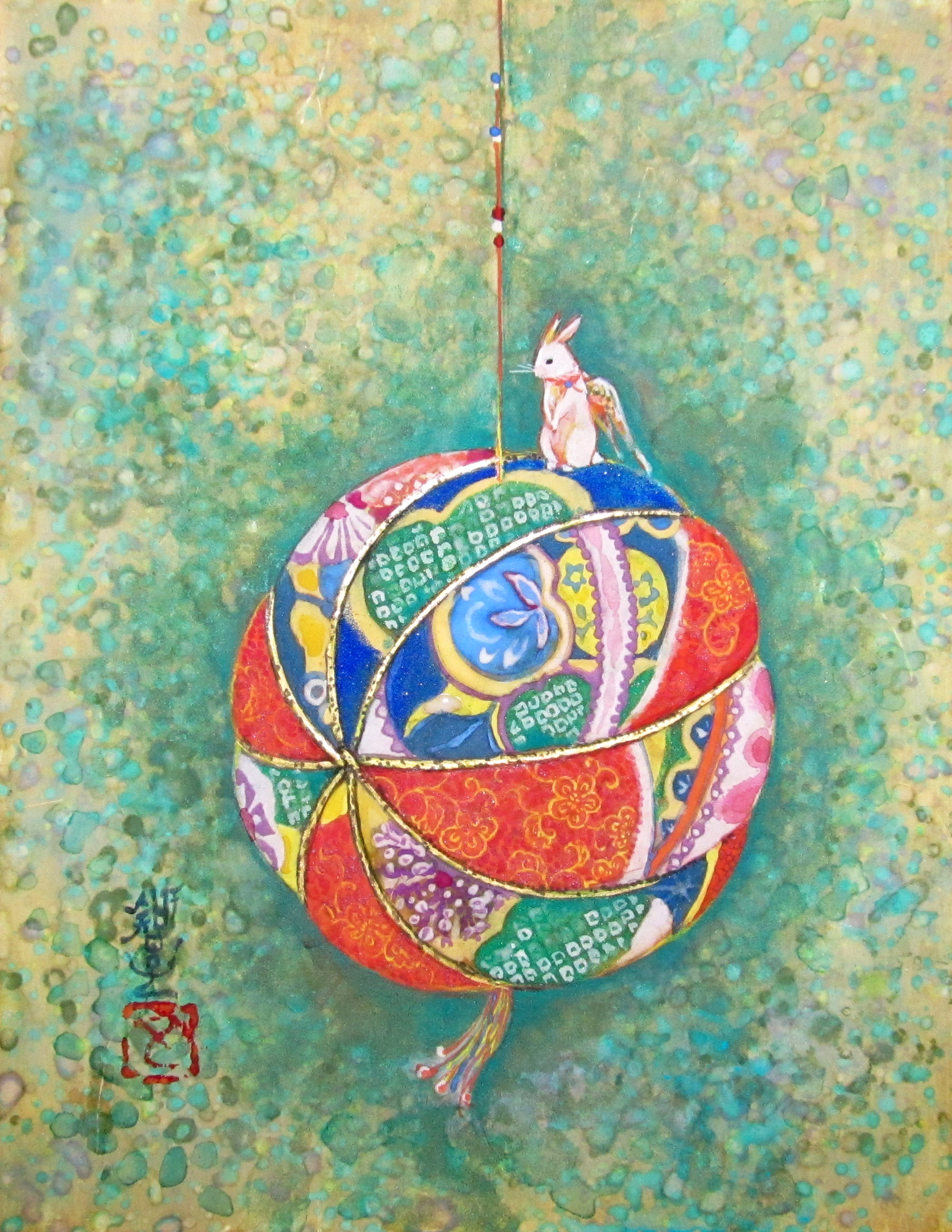 まりうさぎ　毬に乗った羽の生えた小さなうさぎを描いた日本画