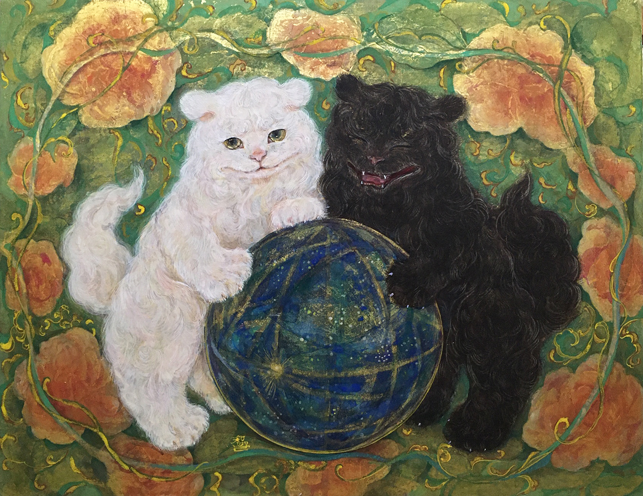 天宮狛犬　白狛犬と黒い狛犬が青い球を持って遊ぶ　幻想的な日本画