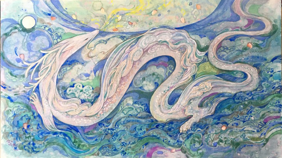 音の海　青い水の中の泳ぐ白い龍を描いた日本画