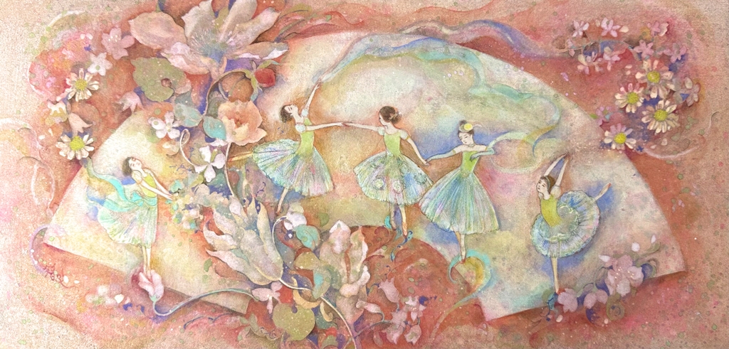 虹の踊り　扇面の中で踊る小さなバレリーナたち。お菓子のようなきらめきと淡い色合いの幻想的な日本画