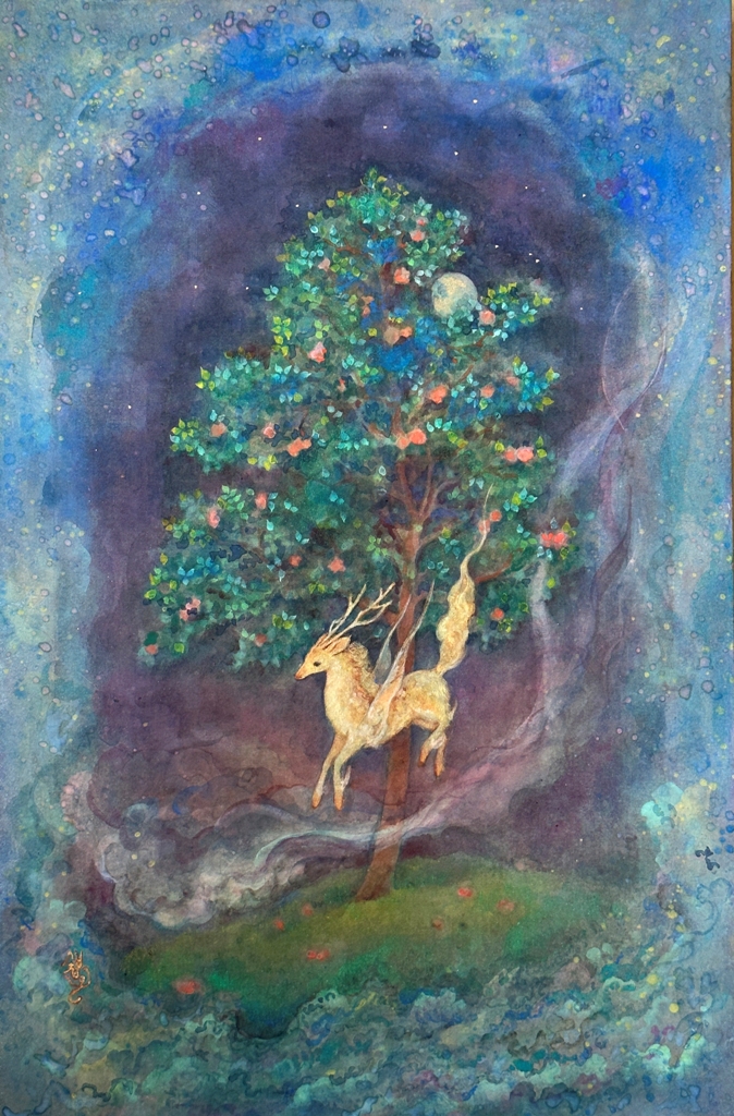 舞い降りる　ある夜舞い降りた可憐な麒麟を描いた日本画