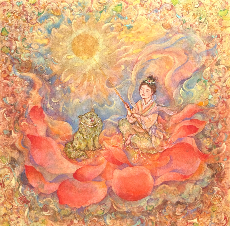 ひかり遊覧　天人と可愛い獅子が雲の上で語り合う　幻想的な日本画