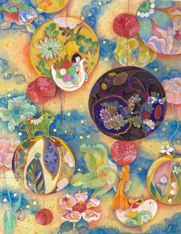 まり宇宙　つるし雛の世界を描いたファンタジックな日本画