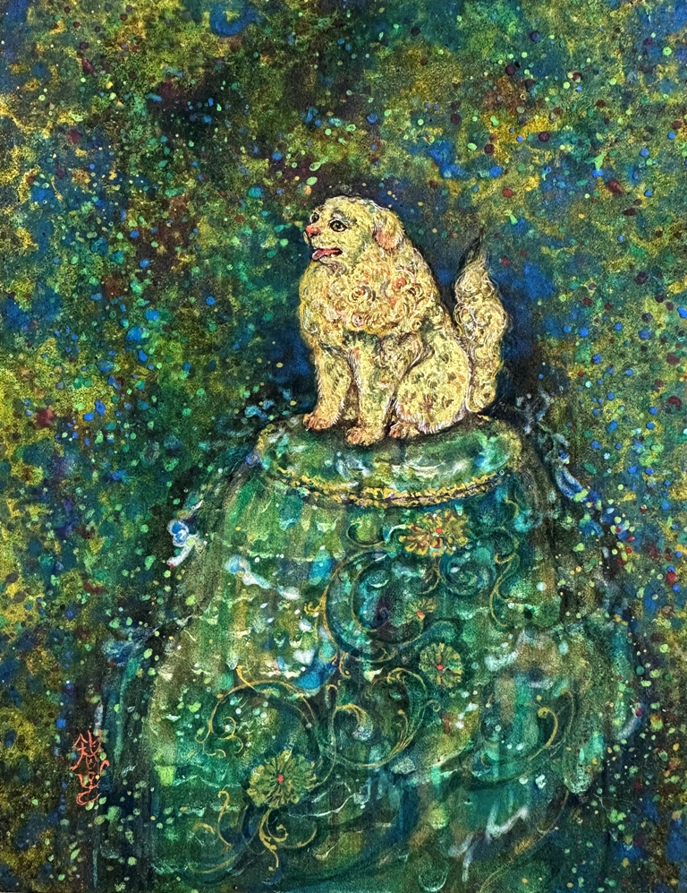 獅子の泉　緑の背景に金の獅子を描いた日本画