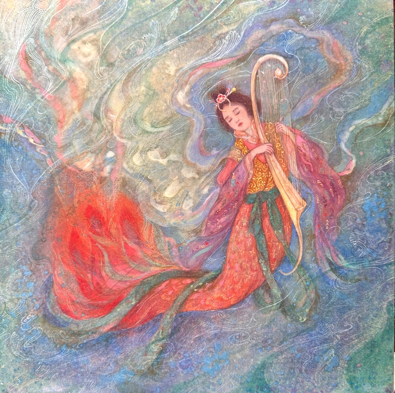 揺蕩う　幻想的な竪琴を奏でる迦陵頻伽を描いた日本画　