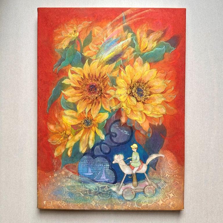 向日葵を描いた日本画　白い馬の玩具、赤い背景、金の向日葵