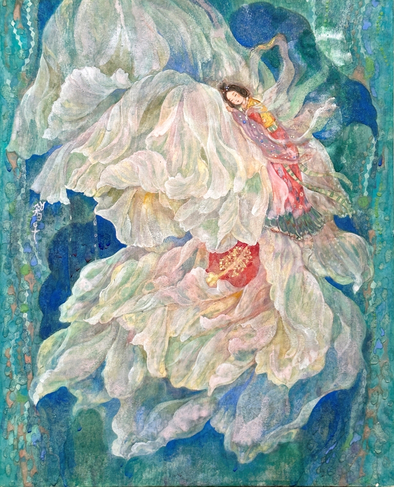 灯り　芙蓉の花の精が描かれた幻想的な日本画