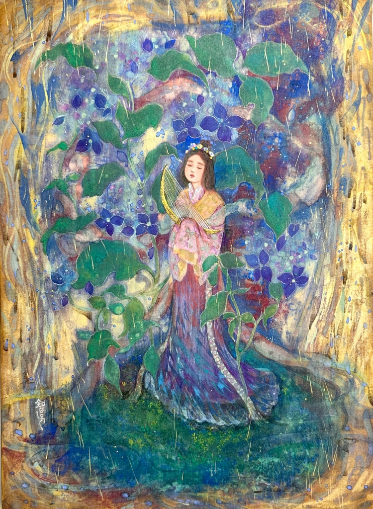 聴く花　紫陽花の精が描かれた幻想的な日本画