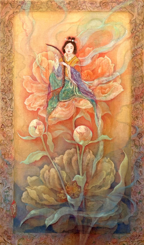 以呂波　箜篌を奏でる天女が芍薬の花に乗る　幻想的な日本画