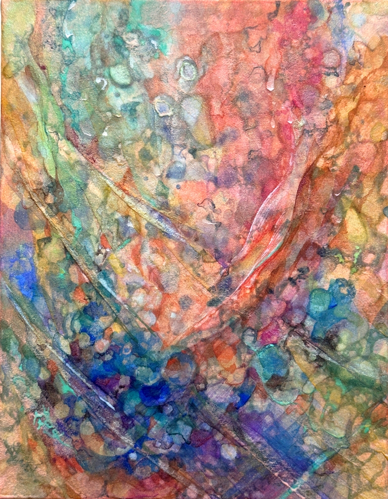 《人魚の影》様々な抽象的な色の泡を描いた幻想的な日本画作品