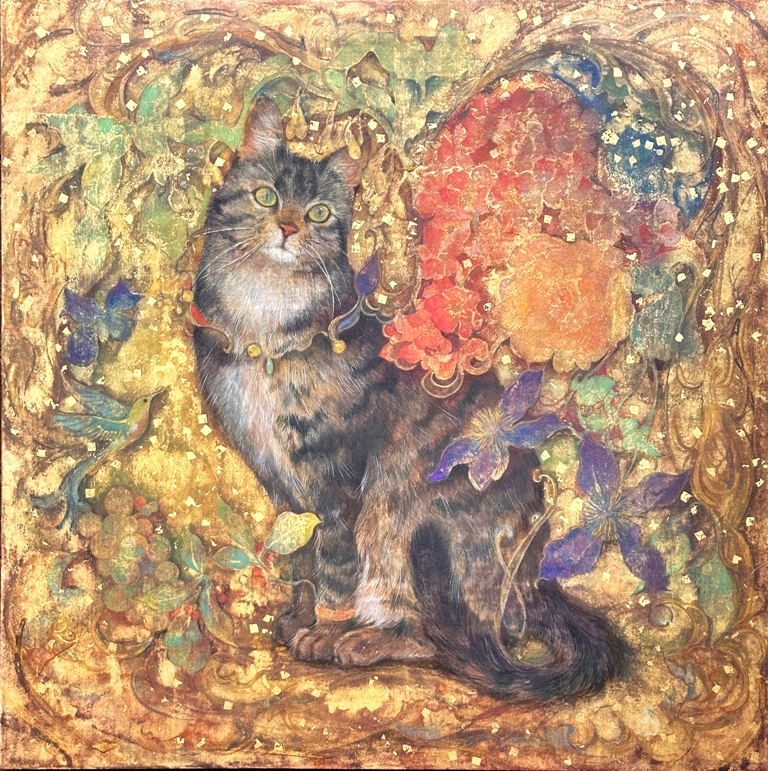 神殿の猫　高貴な猫を描いた日本画　金箔でゴージャスな雰囲気
