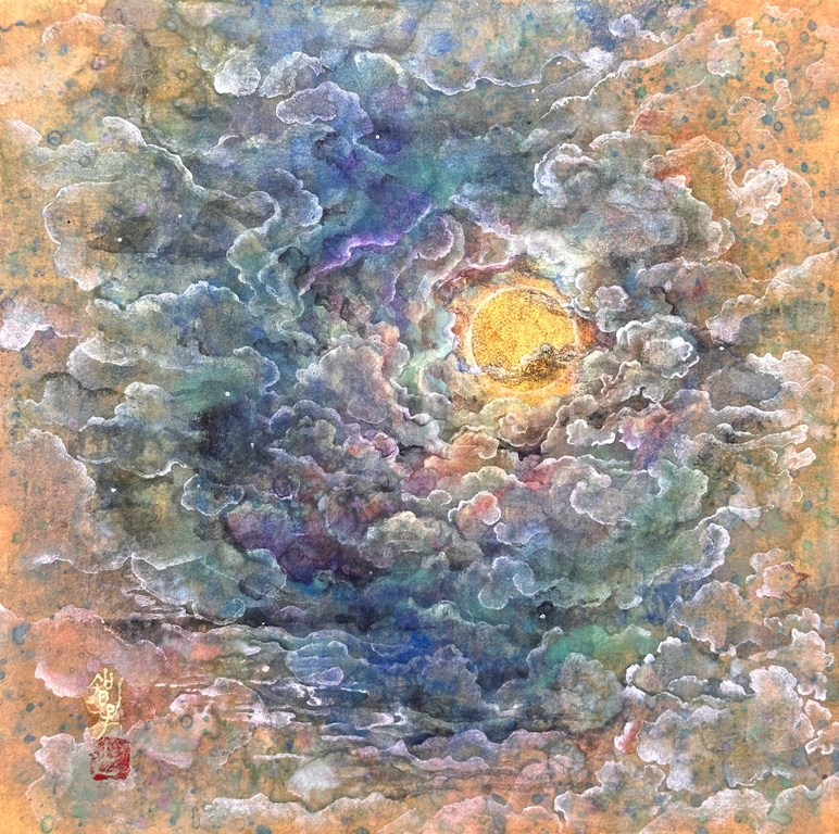 《通い路》波のような雲と朧月の幻想的な日本画