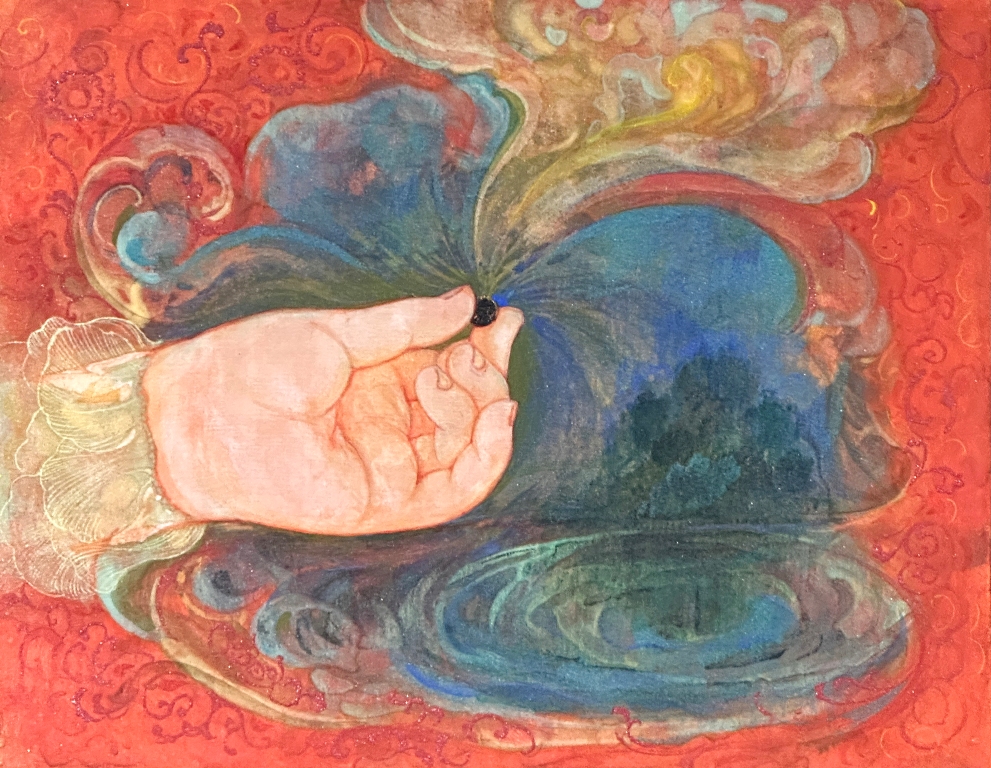 《種の行方》差し出された手の中に、宇宙や渦のような模様が浮かぶ幻想的な日本画。生命の始まりを思わせる構図