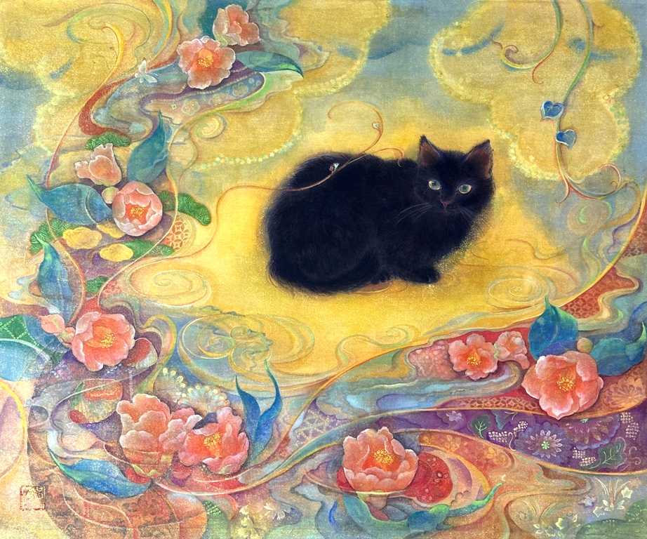 綺羅猫 金の空間の中の黒猫 友禅のような流れる花文様と子猫の愛らしさが描かれた日本画