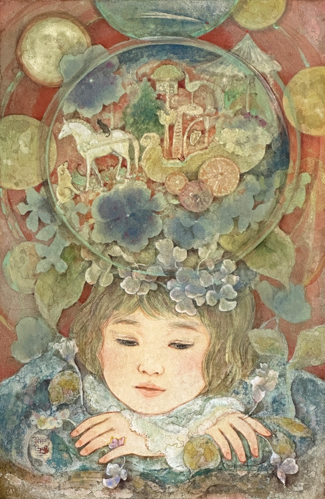 ノスタルジア　子供が夢見る世界を描いた幻想的な日本画作品