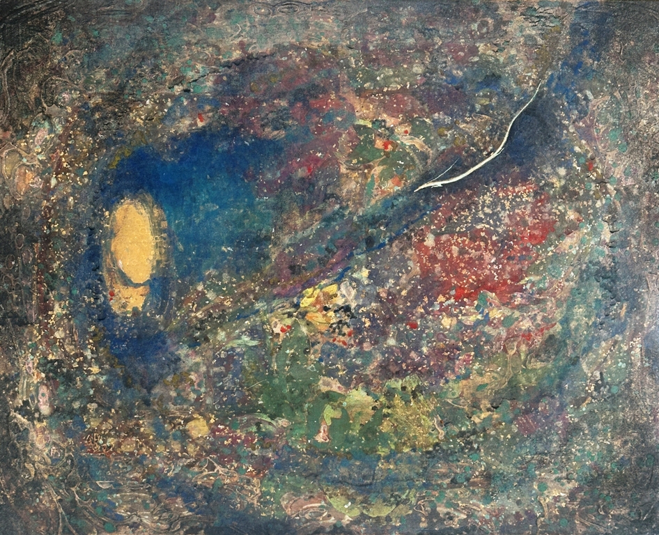 《宙の輪》宇宙空間を漂う小さな龍を描いた日本画。金や群青を用いて星雲や流星を表現し、幻想的な世界観を持つ。