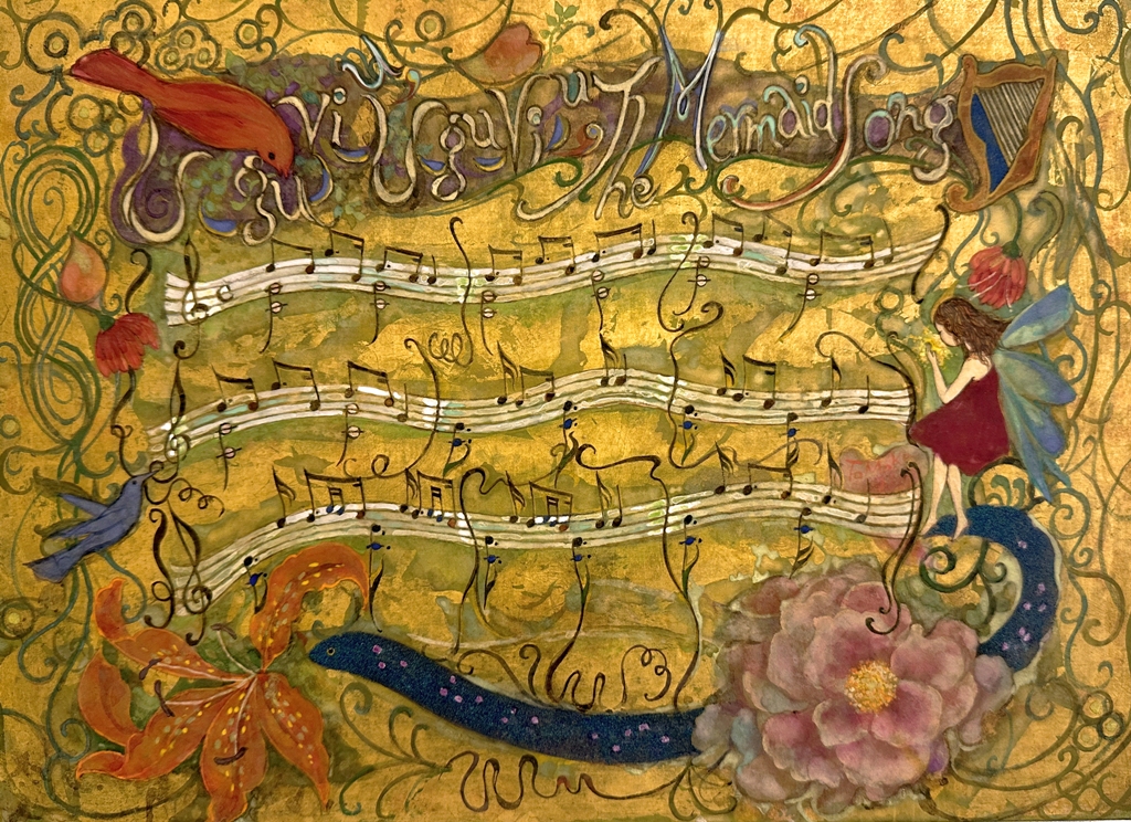 楽譜と絵が一体となった日本画作品。金地に音符と妖精が織りなすファンタジックな空間