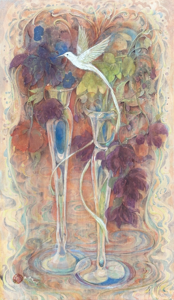 二つの花瓶と白い鳳凰が描かれた幻想的な日本画