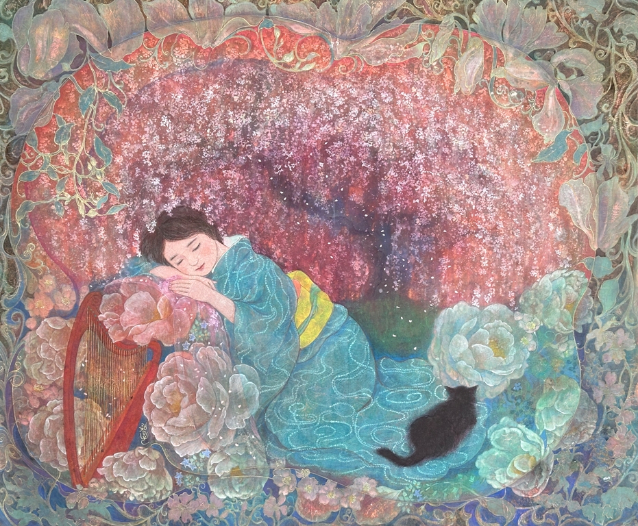 透明な詩　桜の下で眠る着物の乙女。そばにあるのはハープと黒猫。静かな時が流れる幻想的な日本画
