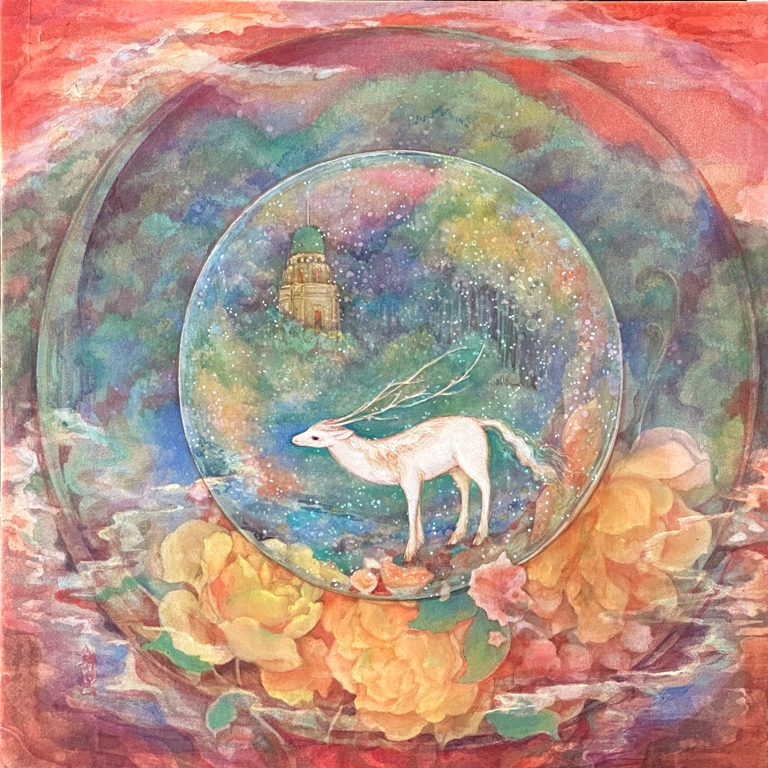 黄昏れ宮　ガラス玉のような空間に佇む幻想的な鹿　透明感のある日本画
