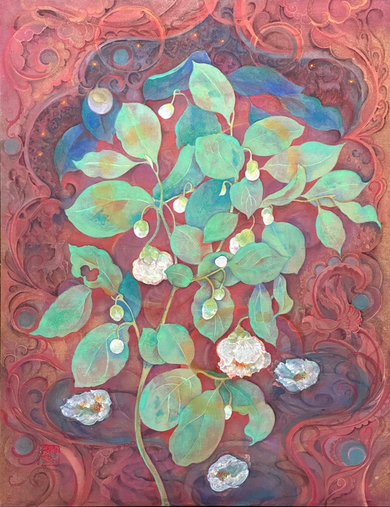 沙羅双樹の花が描かれた日本画　絹本著色