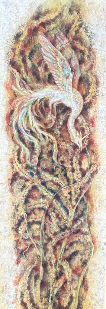 焔　白を基調とした縦長の日本画　ススキと鳳凰が幻想的に描かれる