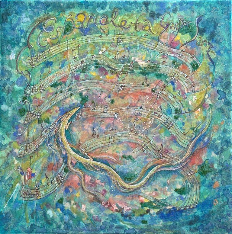 楽譜と絵が一体となった日本画作品　群緑色の海で泳ぐ小さな龍