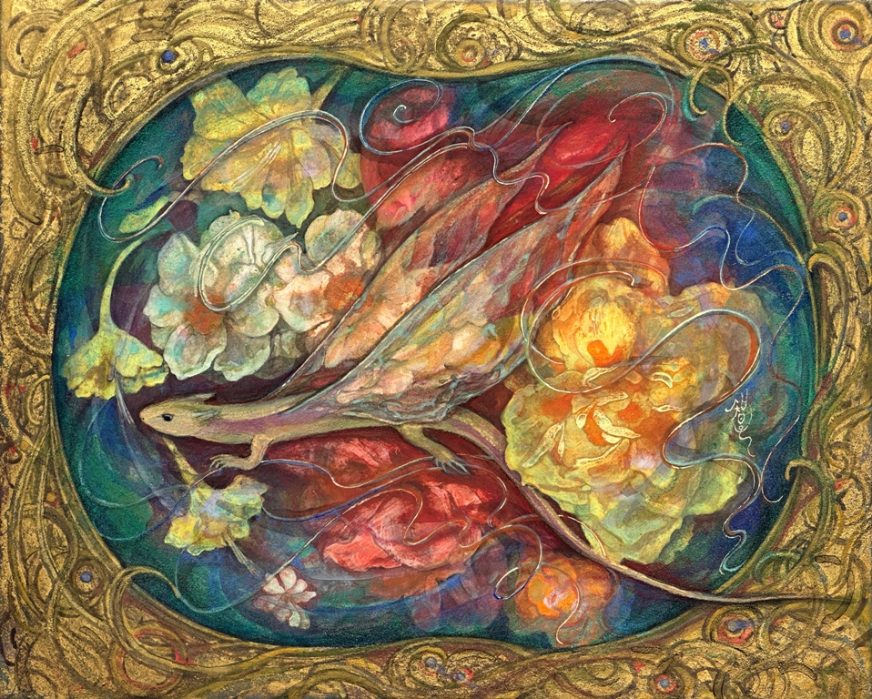 羽蜥蜴筥 模様に囲まれた金の空間と花と架空の蜥蜴を描いた不思議な日本画