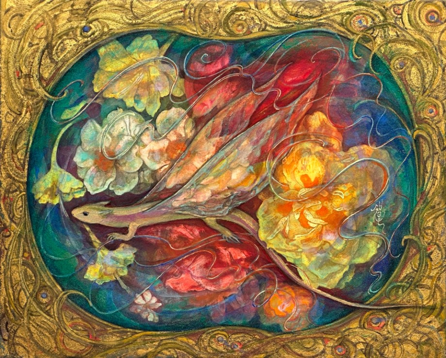羽蜥蜴筥　模様に囲まれた金の空間と花と架空の蜥蜴を描いた不思議な日本画