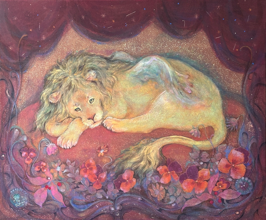 おやすみライオン　羽の生えたライオンが眠る絵本の様な世界観　美しい色彩の日本画