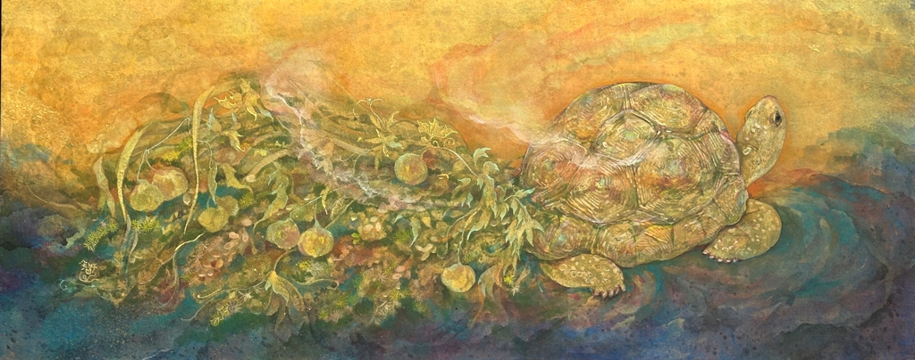 星の砂　豊かさの象徴のような金の亀が描かれた幻想的な日本画
