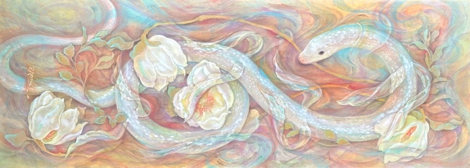 漣　白蛇と百木蓮　さざなみのような透明感ある表現の日本画