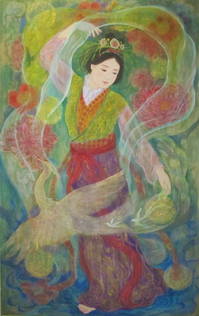 いにしえの花　舞い踊る万葉時代の女性を描いた日本画