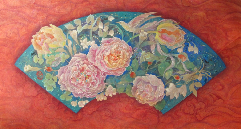 扇面型に描かれた花のブーケ　イングリッシュローズとハチドリ