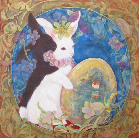 うさぎの家　白いうさぎと黒いうさぎが描かれた幻想的な日本画　絵本のようなイメージ