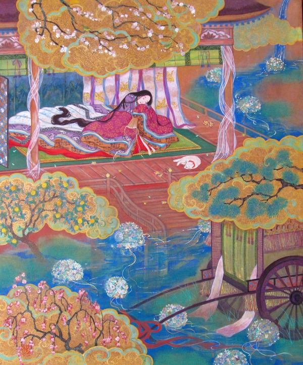 うたごころ　平安絵巻のような日本画　枇榔下の車と十二単美人が幻想的に描かれている